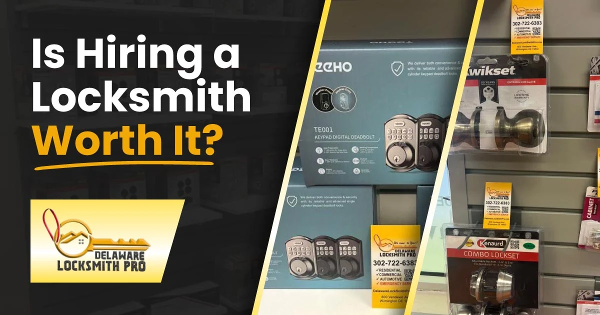 Infographic asking Is Hiring a Locksmith Worth It featuring various smart locks and traditional door hardware from Delaware Locksmith Pro.